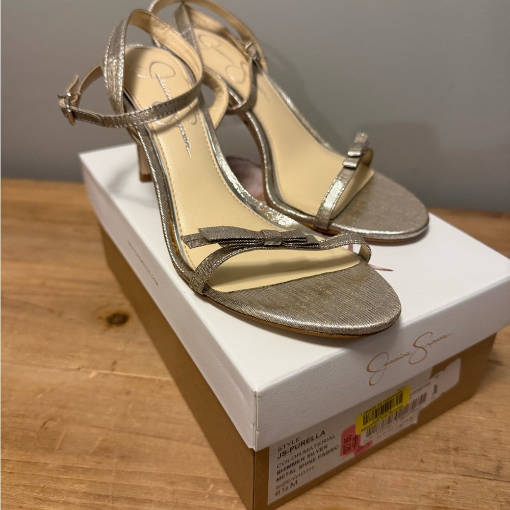 Jessica Simpson Metallic Silver Open-Toe Ankle Strap Heels with Bow
